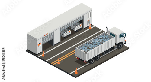 Isometric recycling center with dump truck unloading recyclables at facility