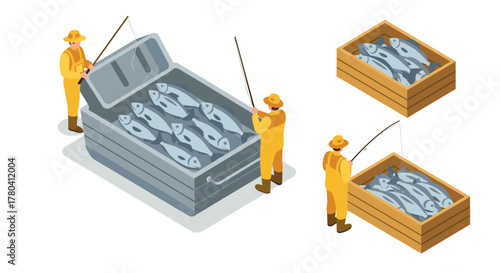 Isometric fishermen storing fresh catch in wooden crates and metal container