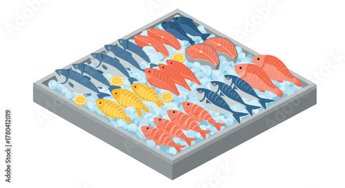 Isometric fish display with ice and lemon in market case
