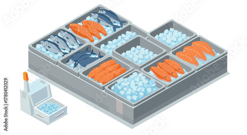 Isometric display of fresh fish and ice in grocery store seafood section