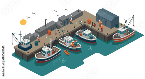 Isometric fishing harbor scene with boats and fishermen at the dock