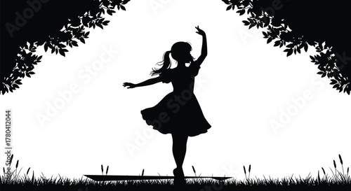 Silhouette of graceful dancing girl on outdoor stage, nature background with tree branches, ponytail hairstyle, elegant pose, serene artistic moment