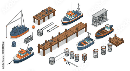 Isometric fishing harbor elements with boats, nets, and piers for nautical design