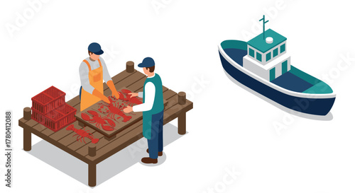 Fishermen sorting lobsters on dock with boat in isometric style