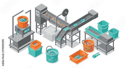 Isometric fish processing equipment with conveyor belt and baskets
