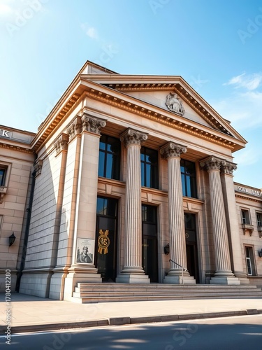 Grand stone bank facade with ornate columns and large windows under a clear sky,  government,  stonework
