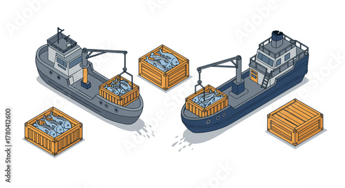 Isometric fishing trawlers and wooden crates maritime industry and seafood transport illustration