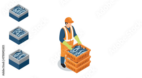 Isometric fish market worker in safety gear handling fresh seafood for distribution