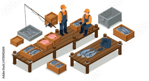 Isometric fish market scene with workers and fresh seafood arranged on wooden tables