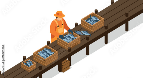 Isometric fish market worker sorting fresh catch on wooden pier