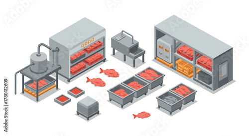 Modern isometric meat processing plant scene with equipment and food products