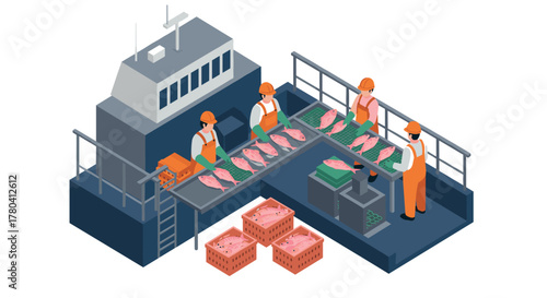 Isometric fish processing on shipping vessel with workers and conveyor belt