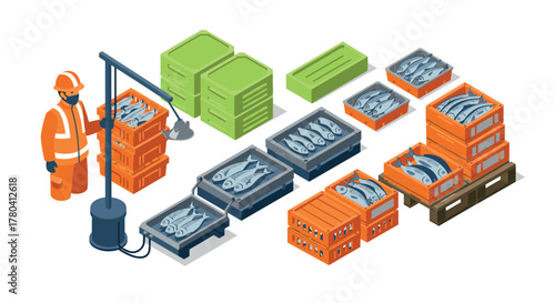 Isometric industrial fish processing with worker and crates in warehouse setting