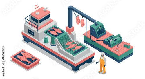 Isometric fishing industry processing plant with conveyor and fishing boat
