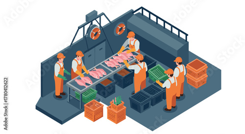 Isometric fish processing factory with workers sorting and packing