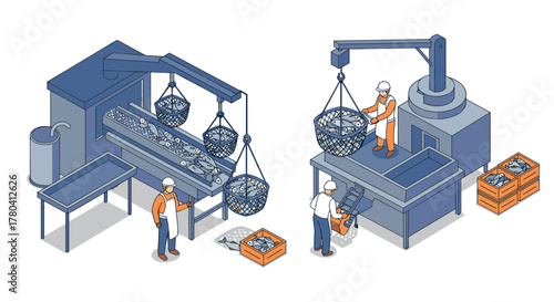 Isometric industrial manufacturing process with workers and machinery