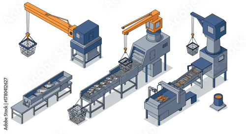Industrial isometric design of modern factory machines with conveyor belts and cranes