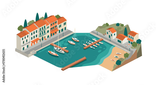 Charming coastal village with boats and colorful buildings in isometric style