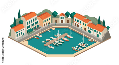 Mediterranean harbor with colorful houses and boats in isometric style