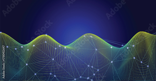 Abstract digital landscape with interconnected nodes and lines against a dark blue background.
