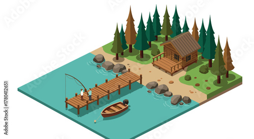 Isometric cabin with dock and boat in tranquil forest landscape