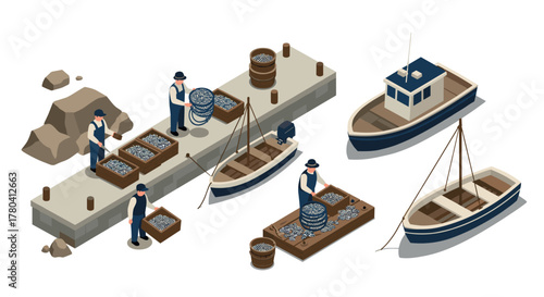 Isometric fishing scene with fishermen working on a pier with boats and equipment