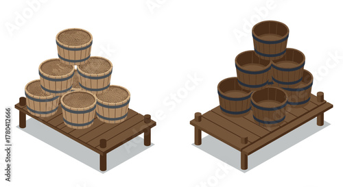 Isometric wooden barrel arrangement on platforms for rustic decor and storage design