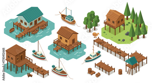 Charming isometric lakeside houses with boats and docks in a serene natural setting