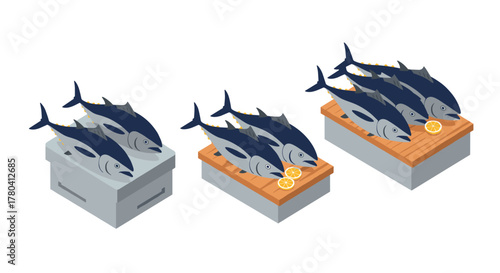Isometric fresh fish display with lemon slices on wooden and metal boxes