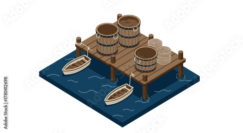 Isometric fishing pier with boats and barrels nautical scene