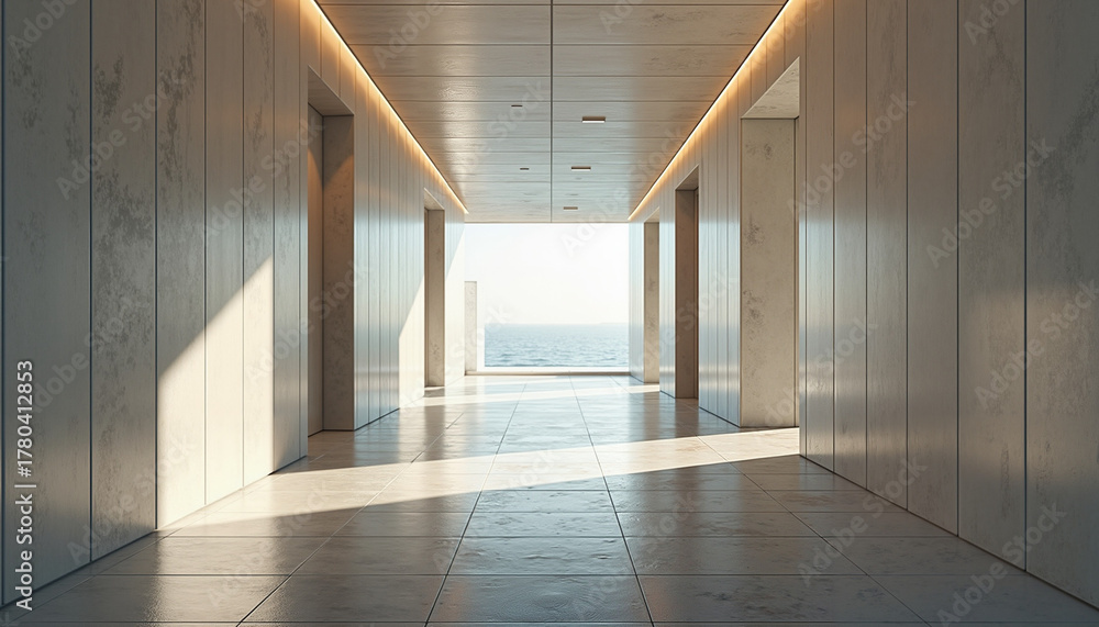 Fototapeta premium Minimalist hallway with natural light and ocean view at the end 
