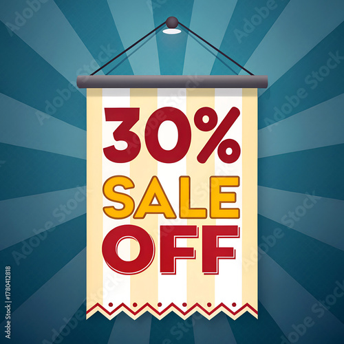 Sale Off Brightly colored sale banner advertising thirty percent off with bold text and decorative fringe against a sunburst background