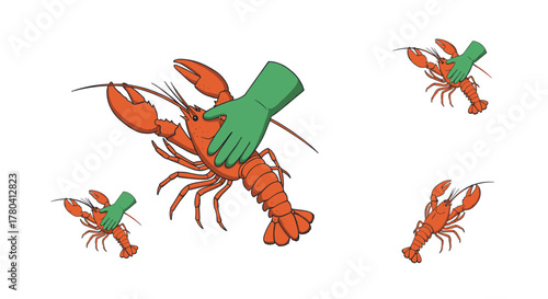 Seamless pattern of lobsters with gloved hands on white background