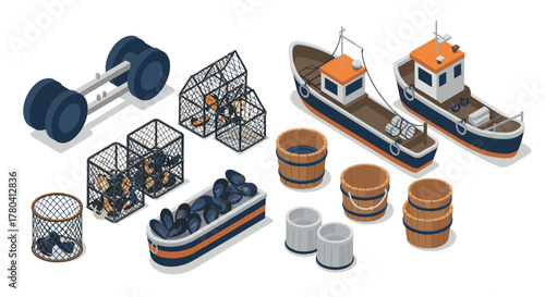 Isometric fishing tools and boats set with barrels, traps, and supplies