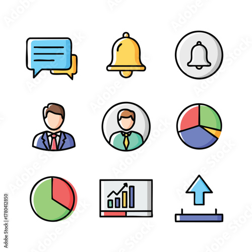 Nine colorful business icons for communication, people, and data representation