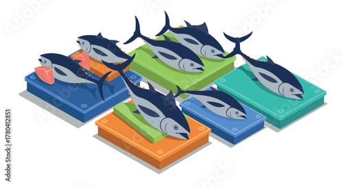 Isometric fish market fresh tuna displayed on colorful boxes