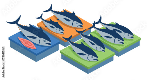 Isometric tuna market scene with fresh fish on colorful platforms