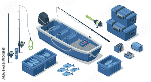 Isometric fishing gear set with boat, fishing rods, fish crates in blue tones