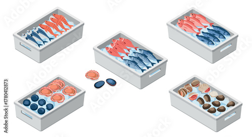 Isometric fresh seafood variety in boxes with fish and shellfish