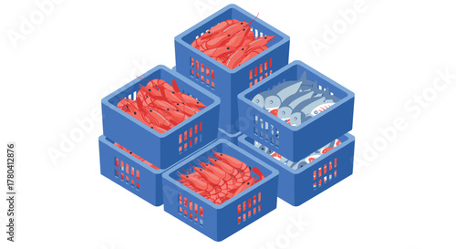 Stacked plastic crates with fresh fish and shrimp in isometric style