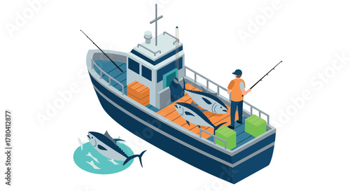 Isometric fishing boat with fishermen and catch on ocean