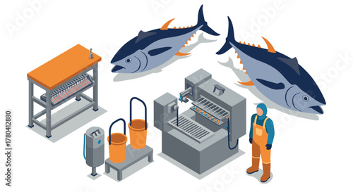 Isometric seafood processing setup with tuna fish and worker equipment