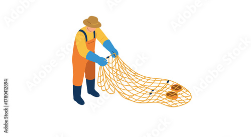 Fisherman in overalls with net isometric design of fishing industry scene