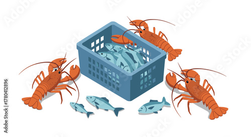 Isometric lobsters and fish with basket on white background