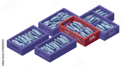 Colorful isometric boxes filled with fresh fish