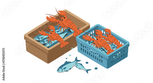 Seafood harvest isometric illustration with lobsters and fish in baskets