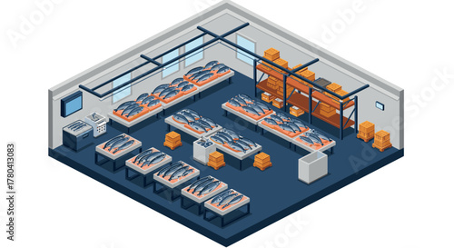Isometric interior of modern fish processing factory with conveyor belts and fresh seafood