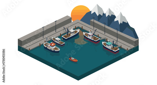 Isometric fishing harbor scene with colorful boats and scenic mountain backdrop