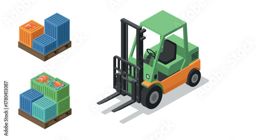 Isometric forklift with colorful cargo crates on pallets