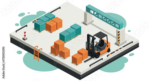 Isometric warehouse scene with forklift and shipping containers in flat design
